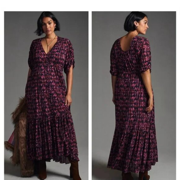 By Anthropologie V-Neck Printed Maxi Dress purple button front ruched size large - Picture 3 of 12